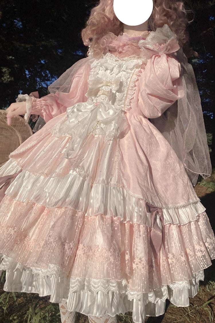 Pink Hanayome Long Sleeves Bowknot Multi-Layer Ruffled Sweet Lolita OP Tiered Dress - Product - 5