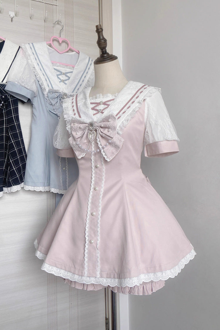 Sweet Short Sleeves Print Bowknot Jirai Kei Japanese Dress Set 3 Colors - Product - 8