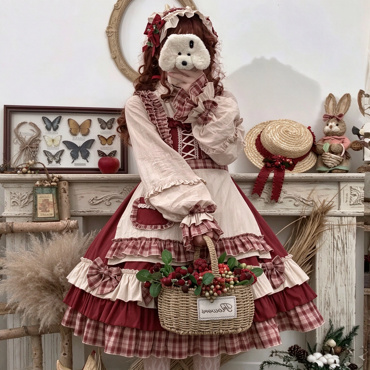 Red and Beige Plaid Ruffled Country Lolita Dress Set with Apron Accent - view 2