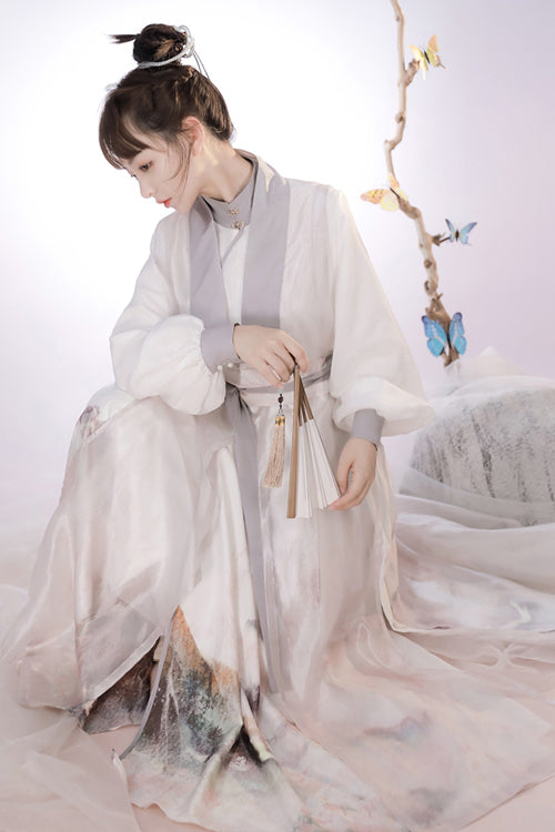 Beige Original Chinese Style Elegant Ink Printing Classic Lolita Hanfu Dress Full Set - Product - 5