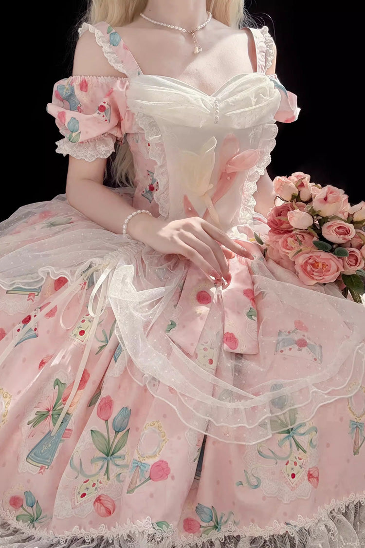 Pink [Tulip's Letter] Off Shoulder Short Sleeves Print Ruffle Bowknot Lace Sweet Elegant Lolita Dress - Product - 2