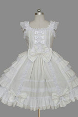 Lace Square Neck Cap Sleeve Knee Length Ruffled Bowknot Sweet Lolita Dress - White - 2