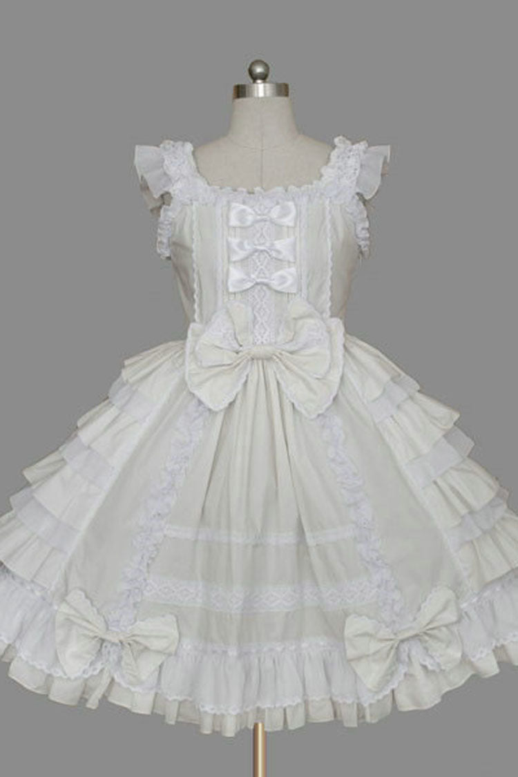 Lace Square Neck Cap Sleeve Knee Length Ruffled Bowknot Sweet Lolita Dress - White - 2