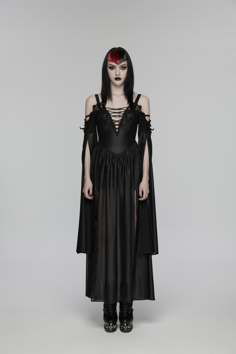 Black Off Shoulder Long Sleeves Embroidered Lace-Up Women's Gothic Elegant Dress Wedding Dress - Product - 2