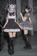 Classic Square Collar Halterneck Short Sleeves Triple-Layered Printed Ruffled Bow Cool Lolita Dress Set 2 Colors(Black, Grey) - Product - 7