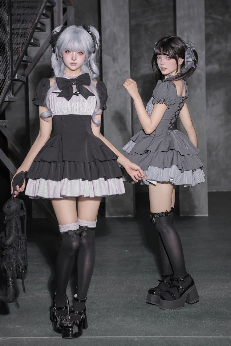 Classic Square Collar Halterneck Short Sleeves Triple-Layered Printed Ruffled Bow Cool Lolita Dress Set 2 Colors(Black, Grey) - Product - 7