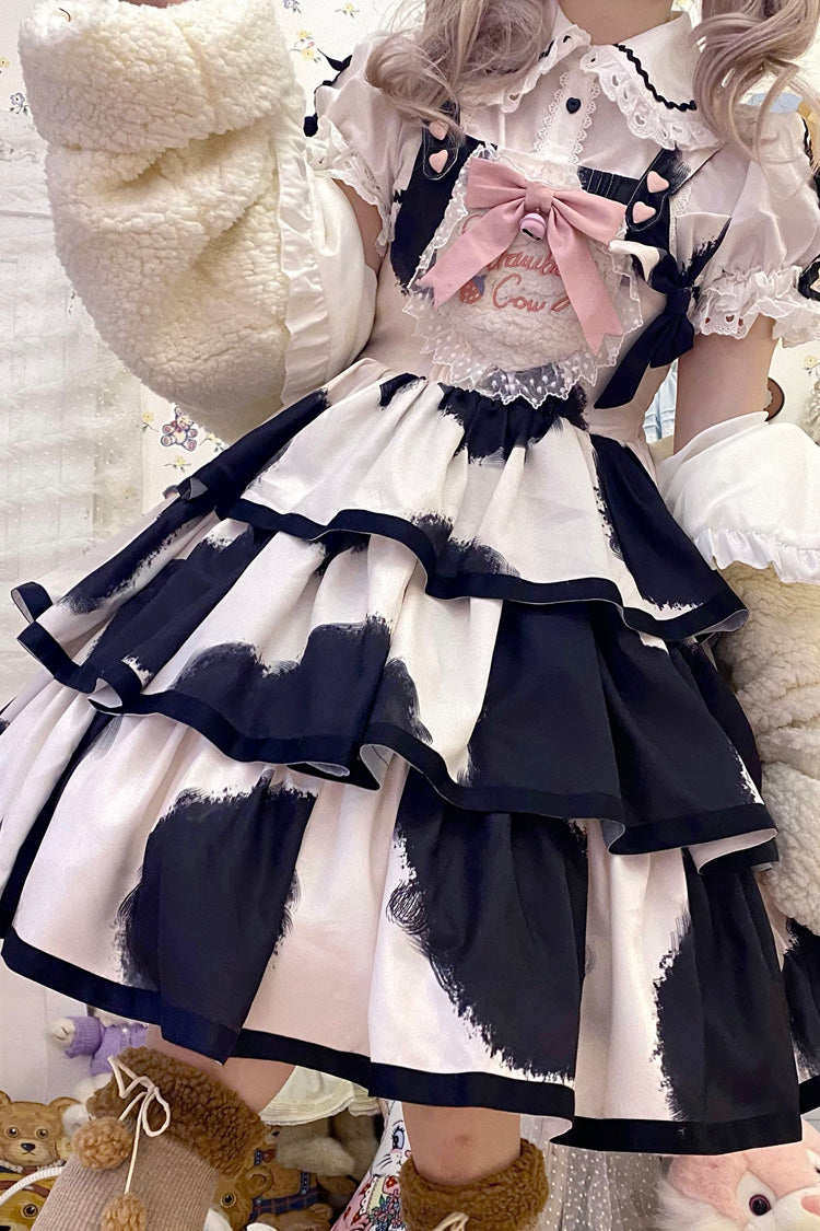 Black Sleeveless Triple-Layered Cow Print Ruffle Bowknot Sweet Lolita Jsk Dress - Product - 2