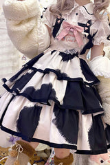 Black Sleeveless Triple-Layered Cow Print Ruffle Bowknot Sweet Lolita Jsk Dress - Product - 2