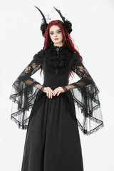 Black Stand Collar Trumpet Sleeves Multi-Layered Ruffled Lace Lace-Up Women's Gothic Wedding Dress - Product - 5