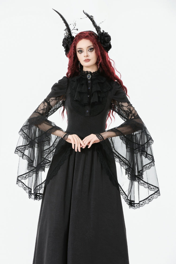 Black Stand Collar Trumpet Sleeves Multi-Layered Ruffled Lace Lace-Up Women's Gothic Wedding Dress - Product - 5