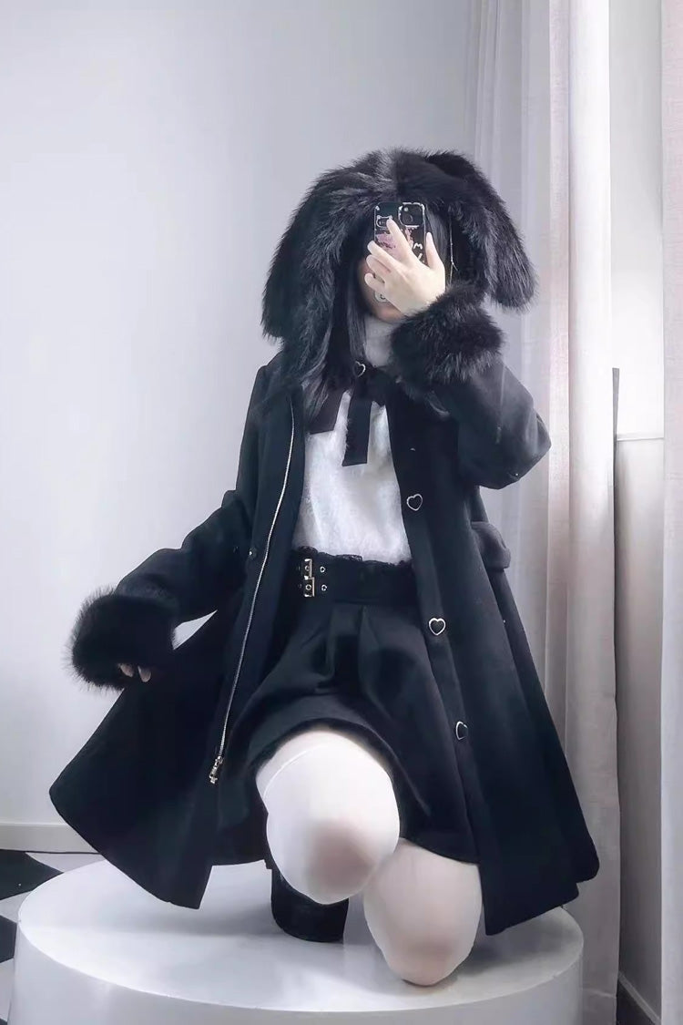 Plush Lop Rabbit Long Sleeves Hooded Detachable Sweet Jirai Kei Lolita Coat 2 Colors - Product - 2