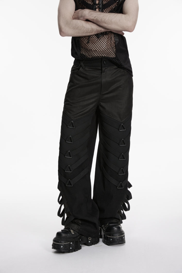 Black Multi-Layered Mesh Eyelet Men's Punk Cool Strappy Pants - Black - 1