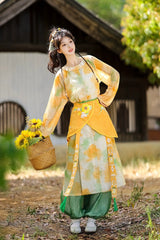 Yellow/Green Round Collar Long Sleeves Print Women's Sweet Hanfu Pants Full Set - Product - 3