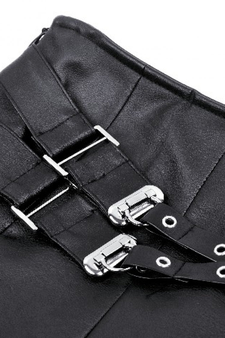 Black Low Waisted Buckle-Up Women's Punk PU Leather Pleated Mini Skirt - Product - 14