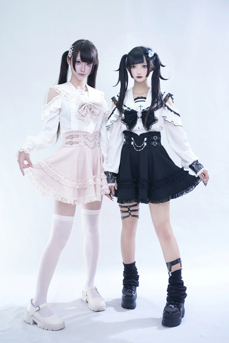 ピンク [Apprentice Witch] オフショルダー ネイビー 襟 半袖 フリル リボン レース パール Detail クラシカル 地雷系 和風 スカートセット 商品画像