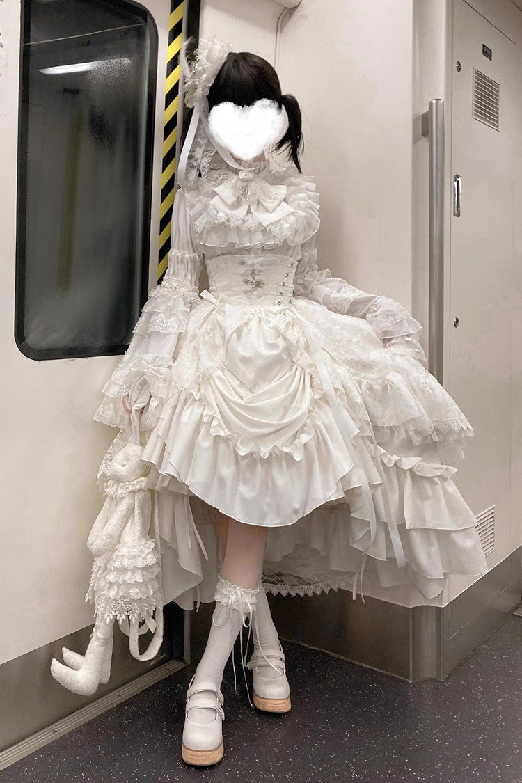 White [Eternal Taboo] Long Hime Sleeves Ruffled Bow Gothic Lolita Skirt Dress Set - White(Set) - 1