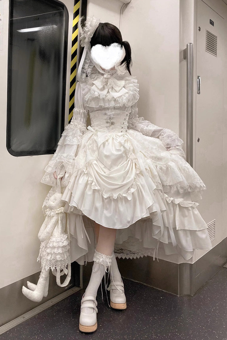 White [Eternal Taboo] Long Hime Sleeves Ruffled Bow Gothic Lolita Skirt Dress Set - White(Set) - 1