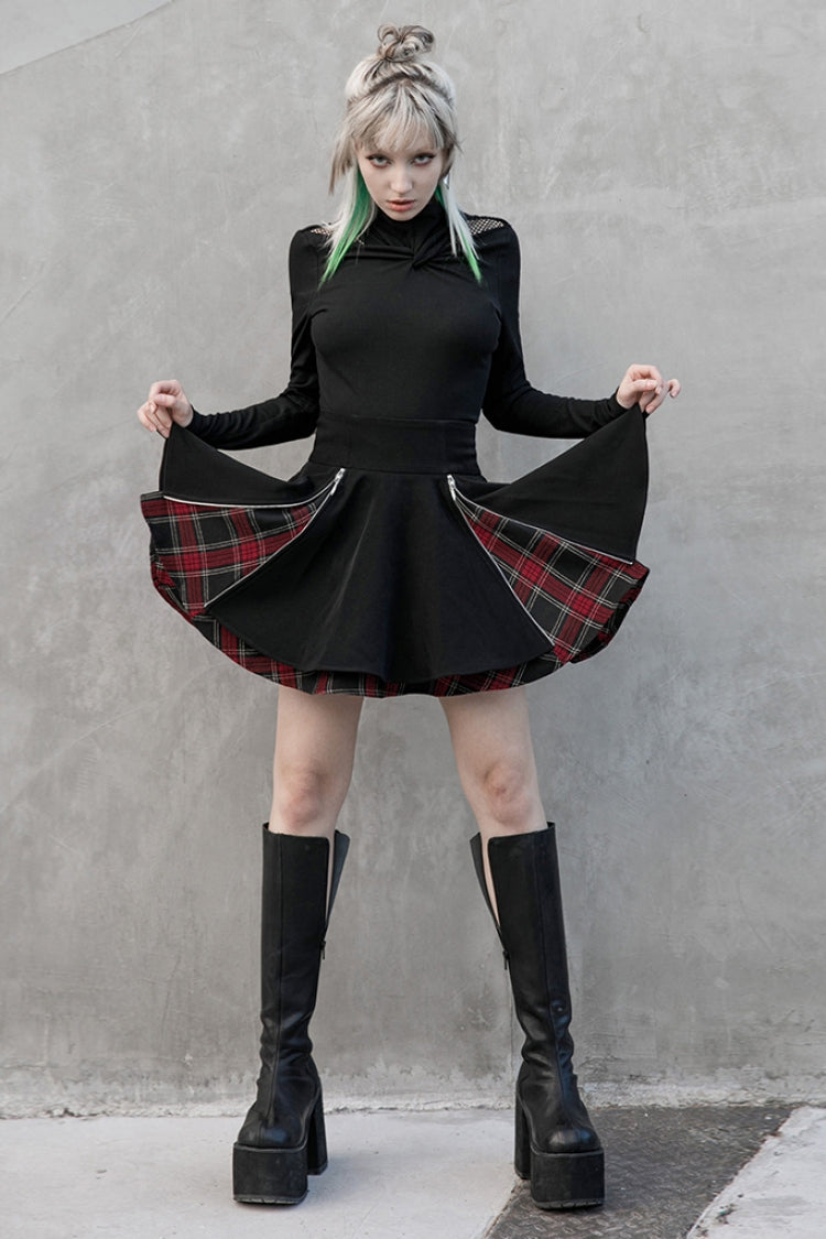 Black Stitching Red Plaid Women's Punk Pleated Skirt - Product - 3