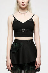 Black Short Sleeves Metal Heart Buckle Strap Slim Women's Punk Vest - Black - 1