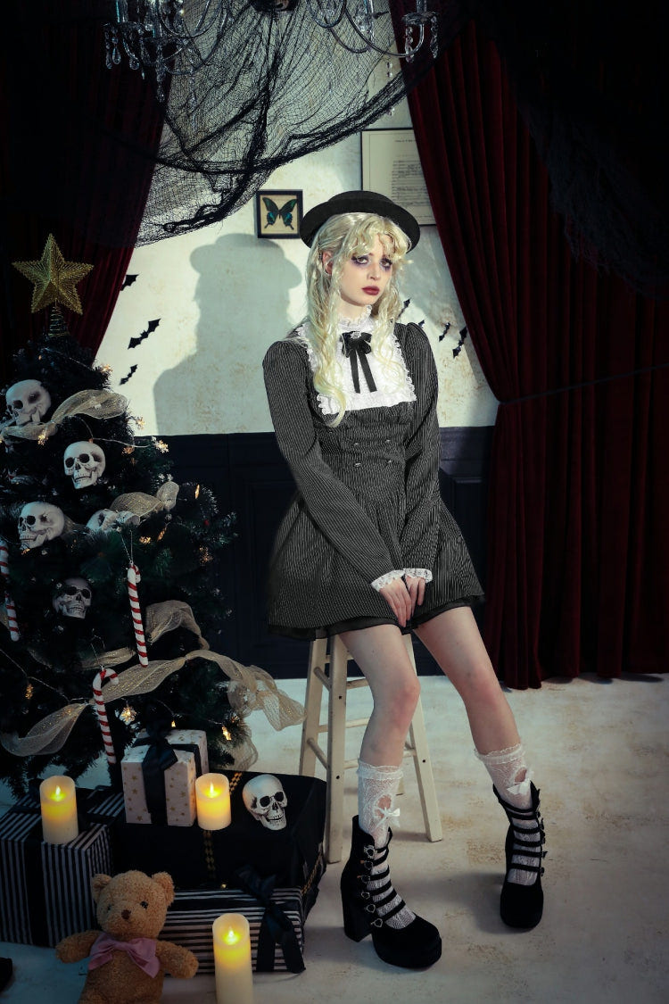 Black/White Striped Ruffled Lace Stand Collar Bow Long Sleeves Lace-Up Women's Gothic Lolita Graduation Dress - Product - 18