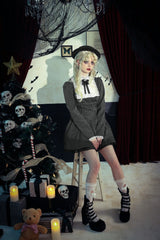 Black/White Striped Ruffled Lace Stand Collar Bow Long Sleeves Lace-Up Women's Gothic Lolita Graduation Dress - Product - 18