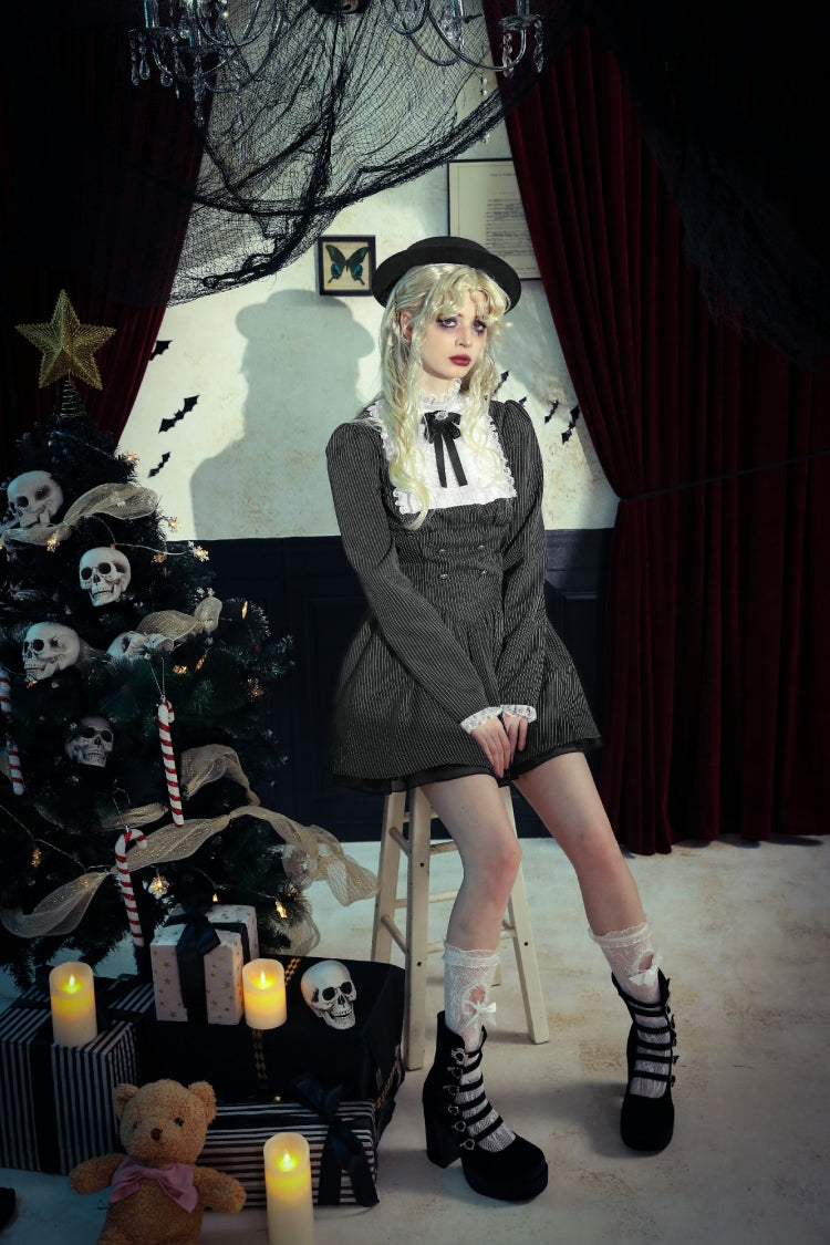 Black/White Striped Ruffled Lace Stand Collar Bow Long Sleeves Lace-Up Women's Gothic Lolita Graduation Dress - Product - 18