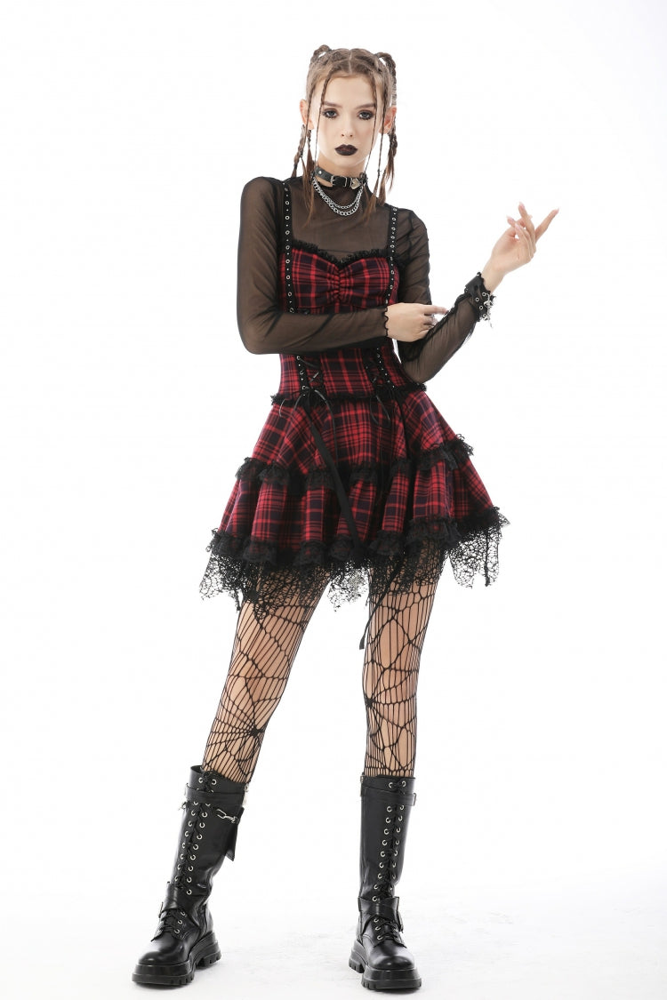 Red Sleeveless Hem Plaid Layered Lace Women's Punk Mini Strap Dress - Product - 10