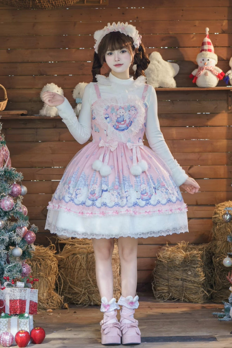 Pink [Snowball Wonderland] Print Merry Christmas Ruffle Bowknot Lace Sweet Lolita Jsk Dress - Product - 3