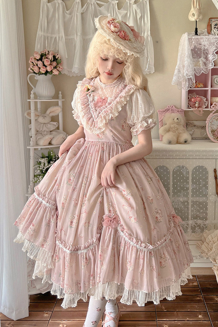 [Daydream Rose] Short Sleeves Floral Jacquard Print Ruffle Embroidery Bowknot Sweet Lolita Dress 3 Colors - Product - 13