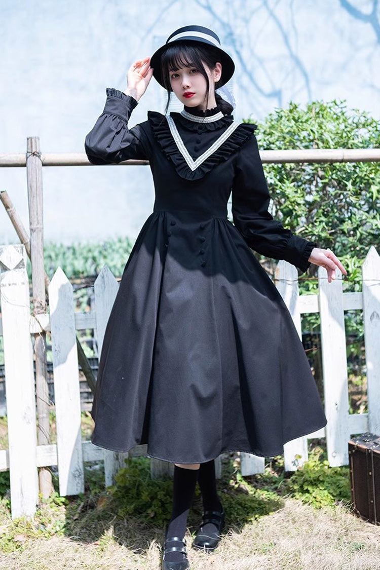 Black Olivia Autumn Winter Stand Collar Long Sleeves Gothic Lolita Dress - Product - 3