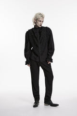 Black Stand Collar Long Puff Sleeves Embroidered Lace Men's Shirt - Product - 9