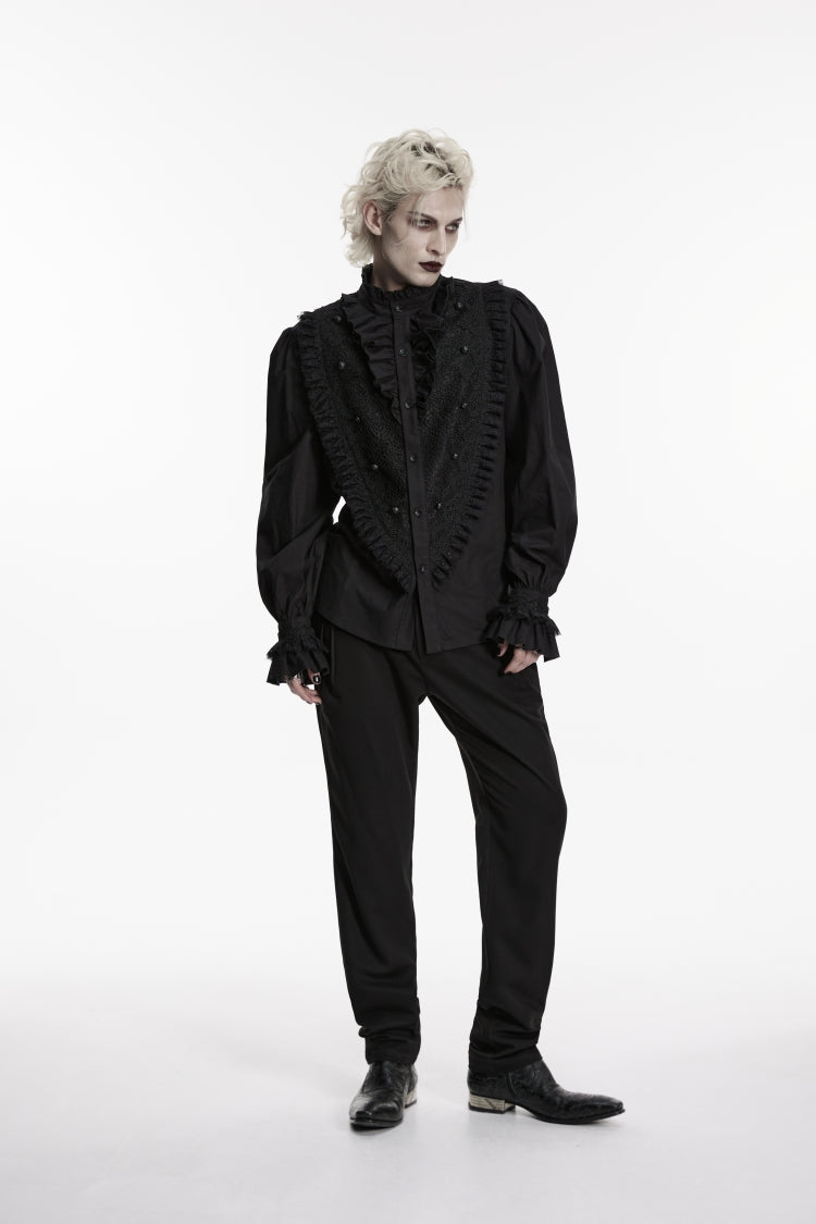 Black Stand Collar Long Puff Sleeves Embroidered Lace Men's Shirt - Product - 9