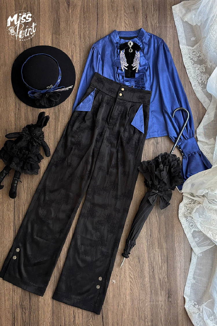 Black/Blue [Moonlit Return] Jacquard Printed Lace-Up Gothic Elegant Ouji Lolita (Blouse/Pants/Shorts/Vest) - Pants(Only) - 13