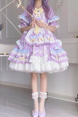 Purple Star Sugar Short Sleeves Multi-layer Ruffle Bowknot Sweet Lolita Dress - Product - 9