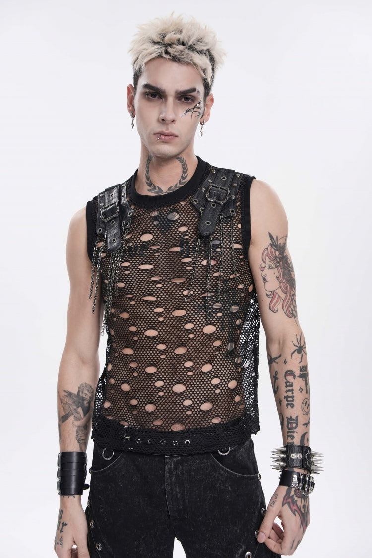 Black Round Collar Sleeveless Cut-Out Mesh Ripped Chain-Decorated Eyelet Men's Punk Cool Vest - Black - 1