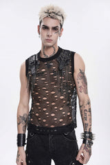 Black Round Collar Sleeveless Cut-Out Mesh Ripped Chain-Decorated Eyelet Men's Punk Cool Vest - Black - 1