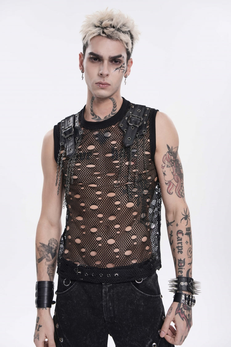 Black Round Collar Sleeveless Cut-Out Mesh Ripped Chain-Decorated Eyelet Men's Punk Cool Vest - Black - 1