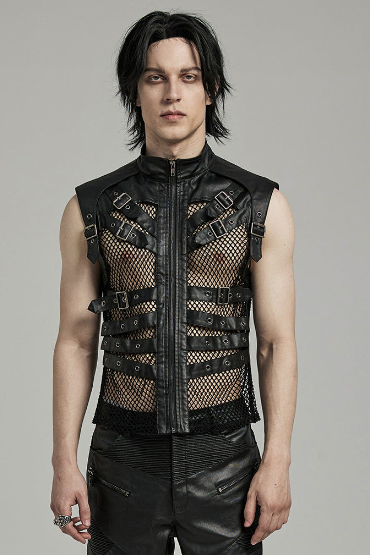 Black Multi-buckles Hollow Mesh Faux Leather Men's Punk Vest - Black - 1