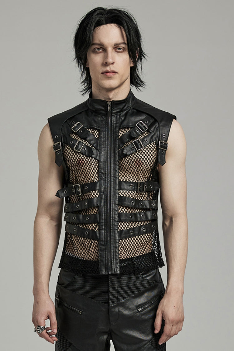 Black Multi-buckles Hollow Mesh Faux Leather Men's Punk Vest - Black - 1