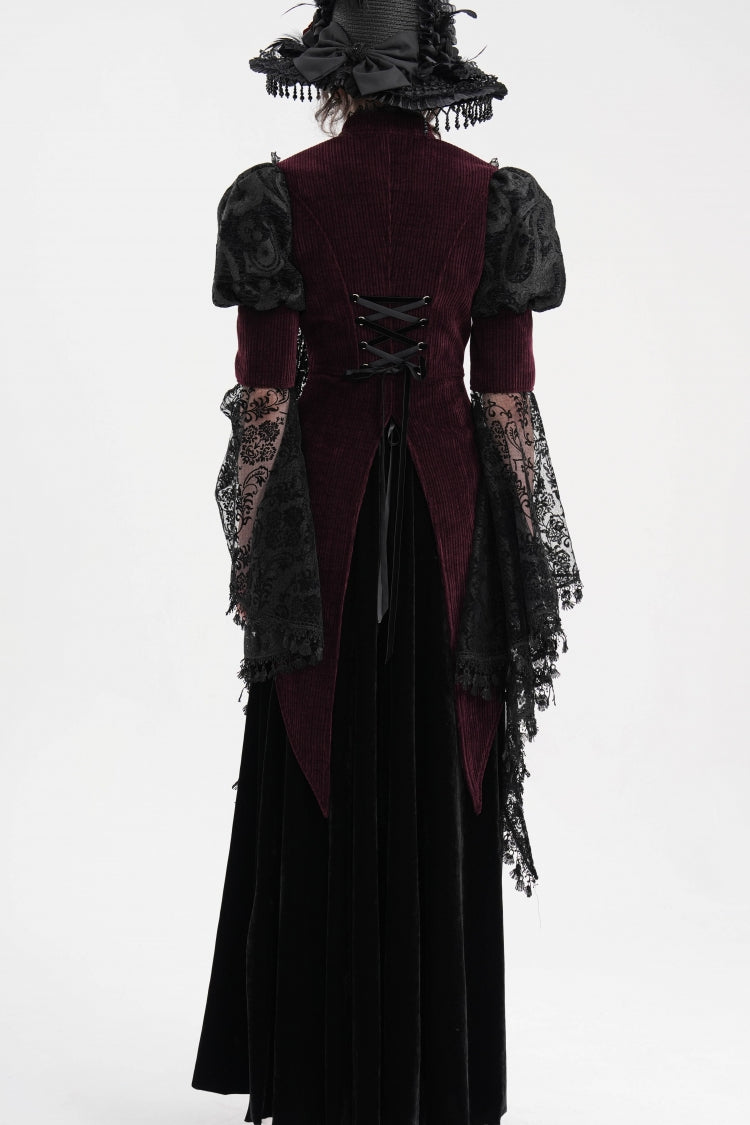 Wine Red Long Sleeves Hollow Lace Tassels Women's Gothic Jacket - Product - 8