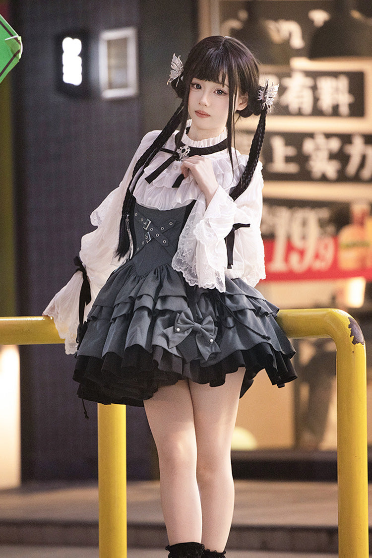 Black/Grey [Machinist] Sleeveless Multi-Layered Ruffle Bowknot Classic College Style Lolita Dress - Product - 5