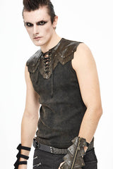 Brown Lace Up Striped Shoulder Armor Shape Chest Knitting Men's Punk Vest - Product - 2