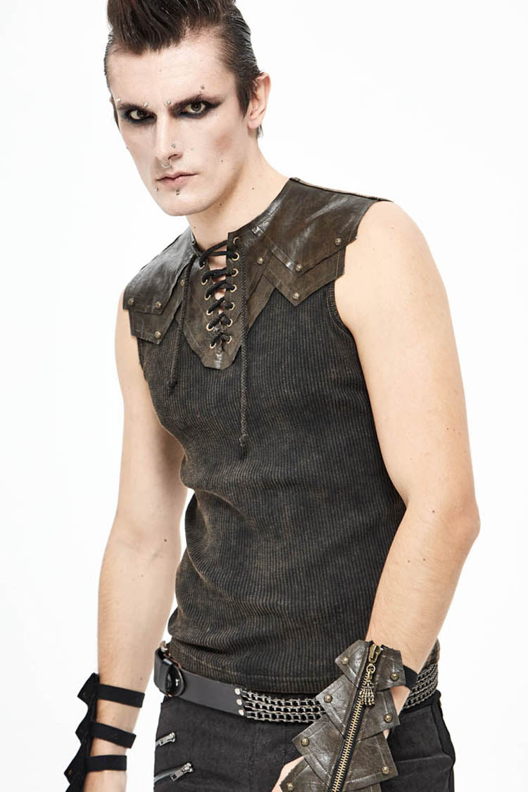 Brown Lace Up Striped Shoulder Armor Shape Chest Knitting Men's Punk Vest - Product - 2