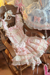 Blue Triple-Layered Ruffled Bow Lace-Up Slim Ballet Sweet Lolita Dress - Product - 6