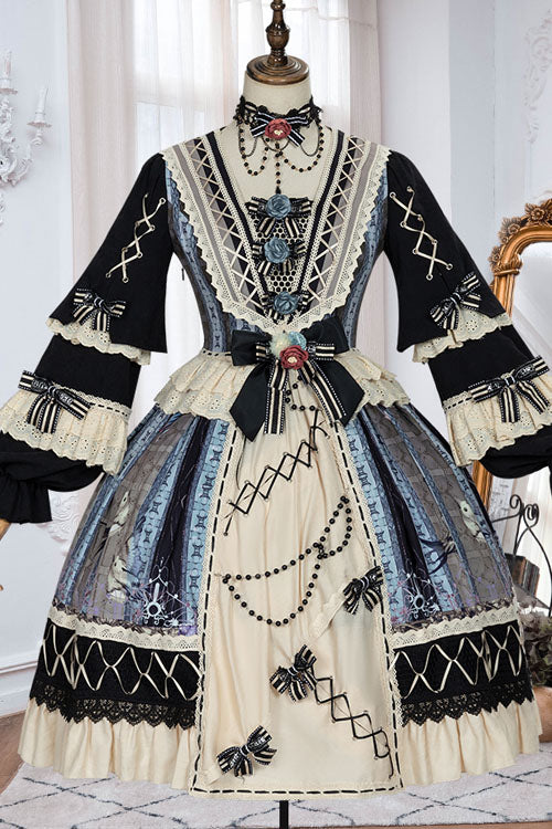 Multi-Color Finches In The Mirror Print Cardigan Long Sleeves Princess Ruffled Classic Lolita OP Dress - Product - 4