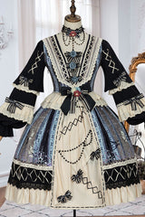 Multi-Color Finches In The Mirror Print Cardigan Long Sleeves Princess Ruffled Classic Lolita OP Dress - Product - 4