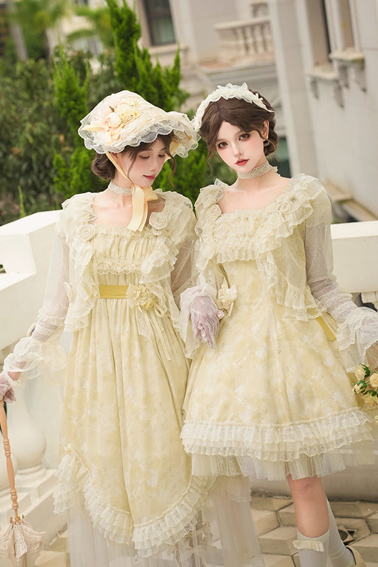 Yellow [Falling Flowers as a Message] Square Collar Short Sleeves Print Ruffle Lace Sweet Elegant Lolita Long Dress - Product - 11