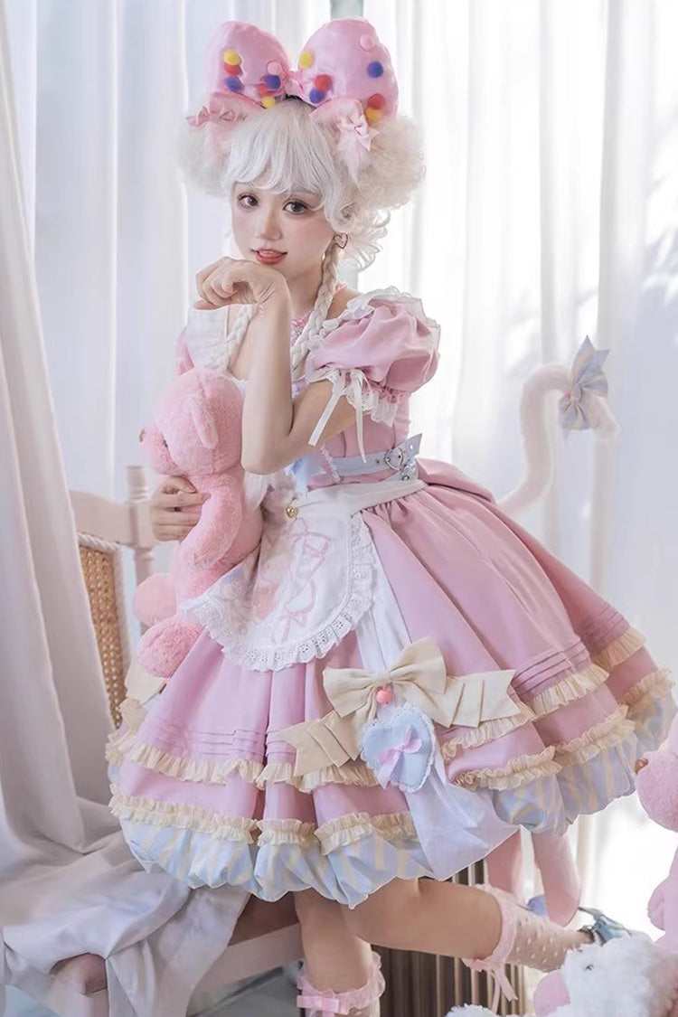 Pink Short Sleeves Multi-Layered Ruffle Bowknot Sweet Princess Lolita Dress Full Set - Product - 6