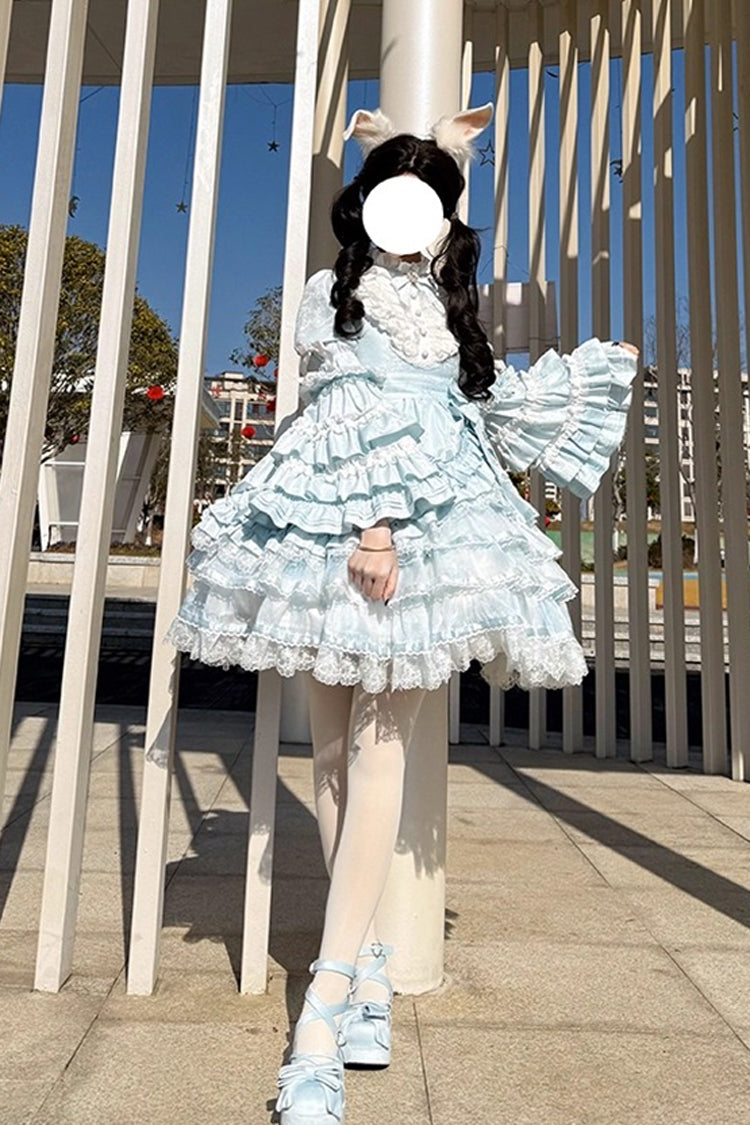 Blue [The Soloist Doll] Long Hime Sleeves Multi-Layered Print Ruffle Bowknot Asymmetric Sweet Lolita Dress - Product - 21
