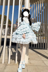 Blue [The Soloist Doll] Long Hime Sleeves Multi-Layered Print Ruffle Bowknot Asymmetric Sweet Lolita Dress - Product - 21